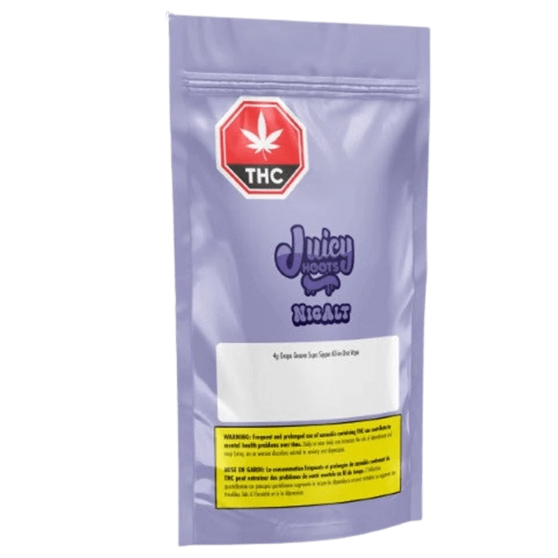 Front view of a lavender pouch labeled Grape Groove Supa Sipper Disposable Vape with a red THC symbol and purple logo centered on the bag
