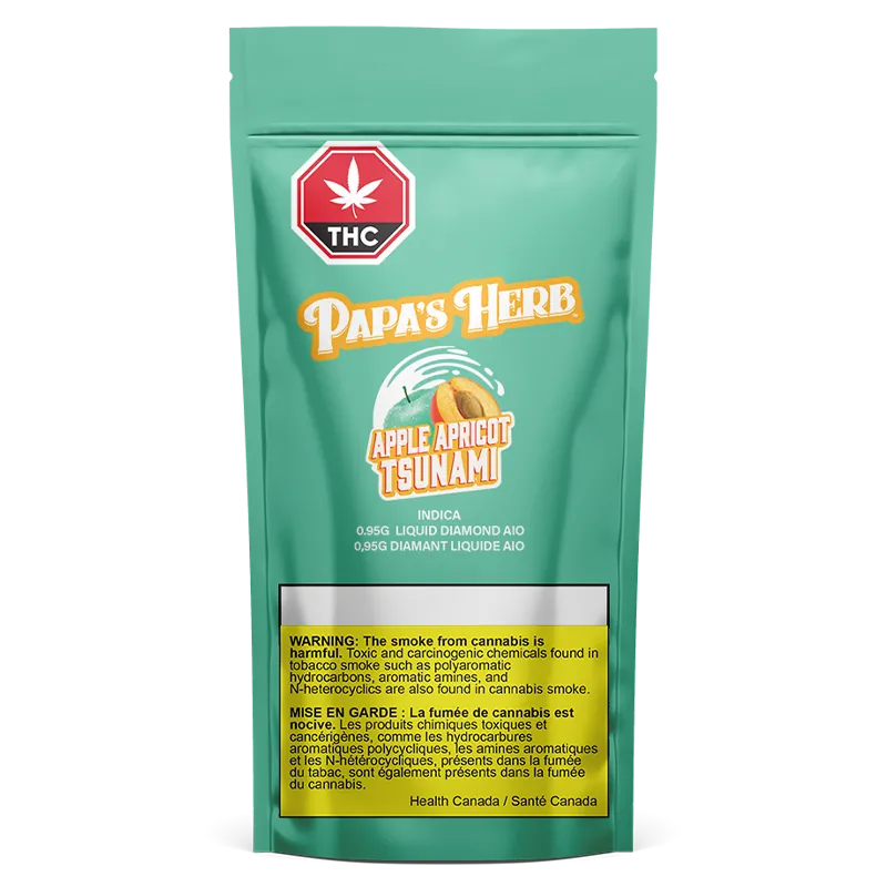 Front-facing shot of the Papa's Herb Apple Apricot Tsunami Liquid Diamond Cartridge pouch on a teal background with a prominent THC symbol and yellow warning box.
