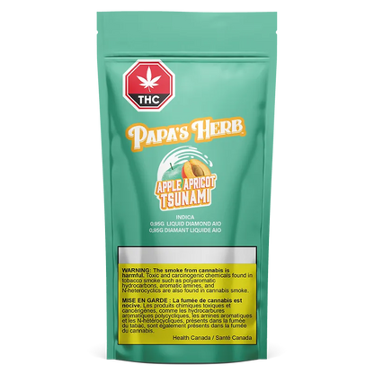 Front-facing shot of the Papa's Herb Apple Apricot Tsunami Liquid Diamond Cartridge pouch on a teal background with a prominent THC symbol and yellow warning box.