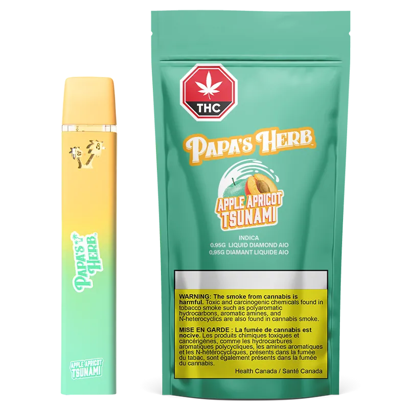 Studio-lit front view of a turquoise pouch and matching yellow-green vape showing the Apple Apricot Tsunami Liquid Diamond Cartridge branding.