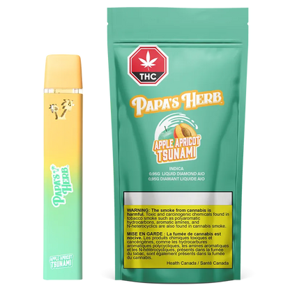 Studio-lit front view of a turquoise pouch and matching yellow-green vape showing the Apple Apricot Tsunami Liquid Diamond Cartridge branding.