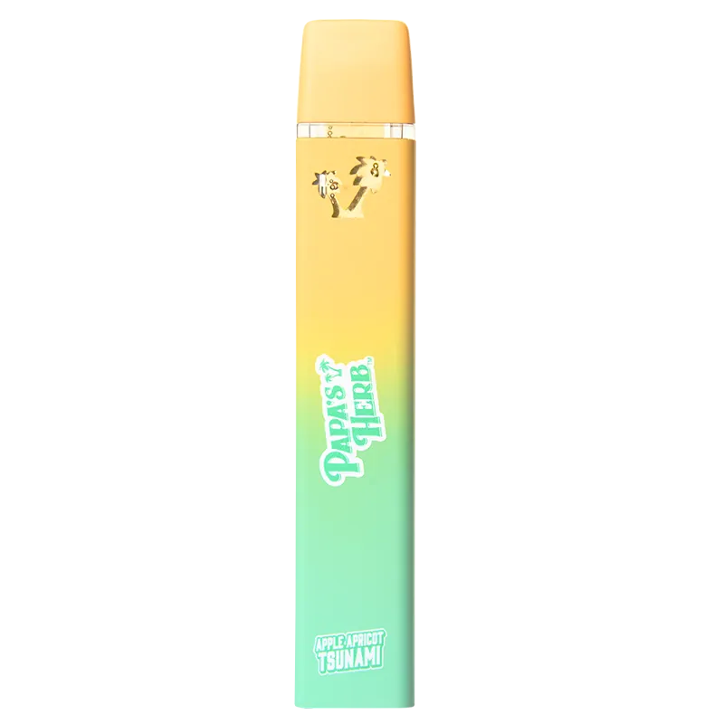 Slim vertical product shot of the Apple Apricot Tsunami Liquid Diamond Cartridge with a yellow-to-teal gradient body and white "Papa's Herb" logo.