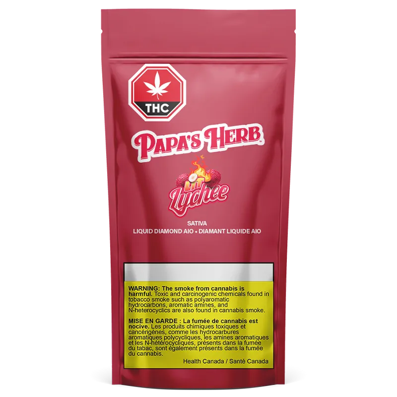 Front-facing pouch shot of the Lit Lychee Saucy Liquid Diamond Cartridge packaging, a red Papa's Herb bag with logo, lychee graphic, THC symbol and yellow warning panel.