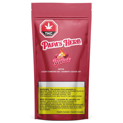 Front-facing pouch shot of the Lit Lychee Saucy Liquid Diamond Cartridge packaging, a red Papa's Herb bag with logo, lychee graphic, THC symbol and yellow warning panel.