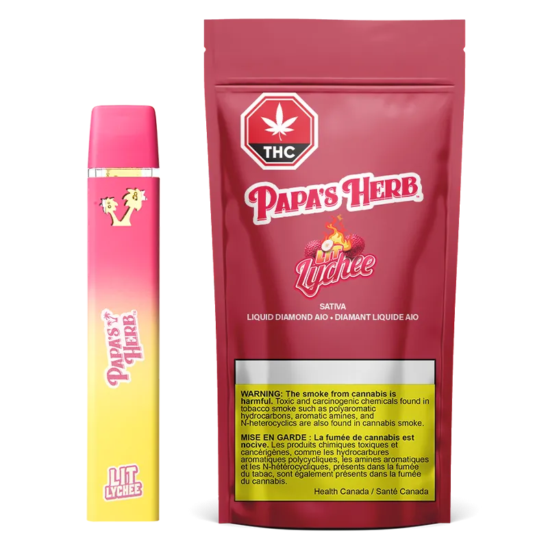 Front-facing product shot of a pink-to-yellow gradient Lit Lychee Saucy Liquid Diamond Cartridge standing beside matching red Papa's Herb pouch.