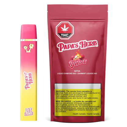 Front-facing product shot of a pink-to-yellow gradient Lit Lychee Saucy Liquid Diamond Cartridge standing beside matching red Papa's Herb pouch.