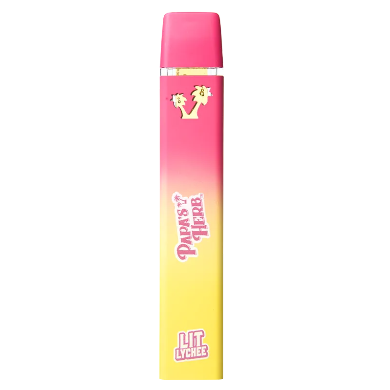 Straight-on view of a pink-to-yellow gradient Lit Lychee Saucy Liquid Diamond Cartridge with tropical logos centered on a white background