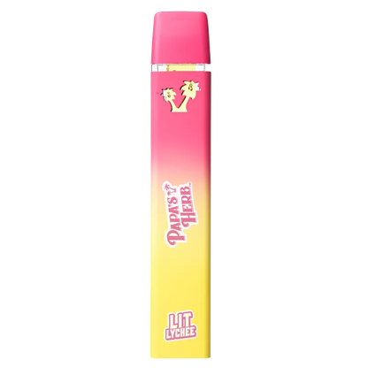 Straight-on view of a pink-to-yellow gradient Lit Lychee Saucy Liquid Diamond Cartridge with tropical logos centered on a white background
