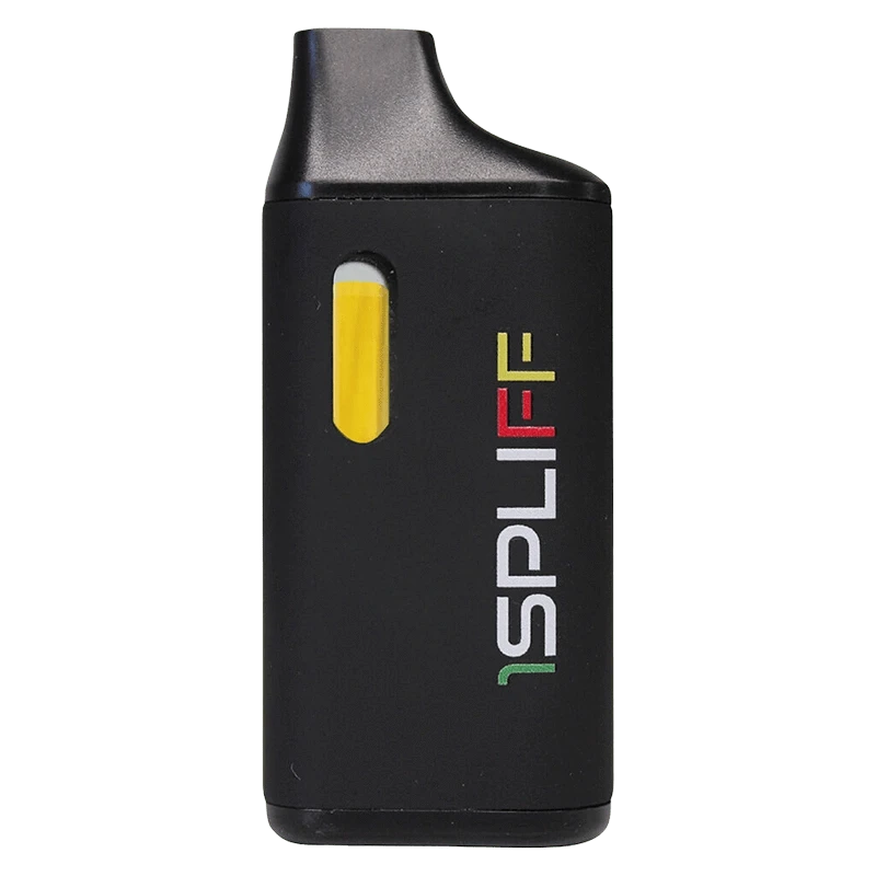 Front view of a black Jungle Heat Disposable Vape with a yellow juice window and vertical multicolored SPLIFF logo.