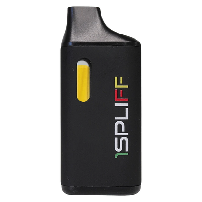 Front view of a black Jungle Heat Disposable Vape with a yellow juice window and vertical multicolored SPLIFF logo.