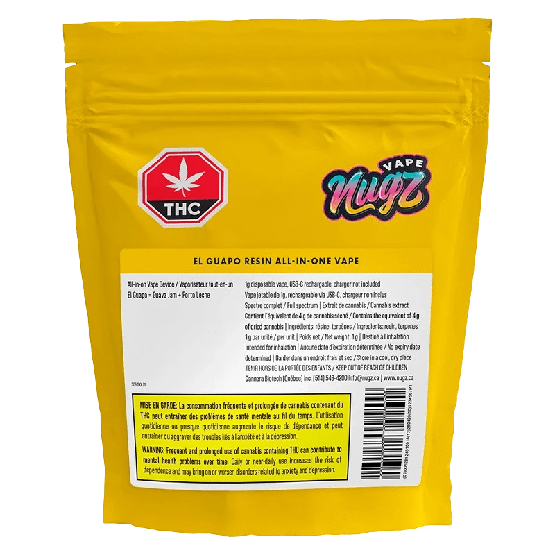 Rear view of the yellow pouch packaging labeled "El Guapo Resin AIO Vape" with THC logo and product info panel.