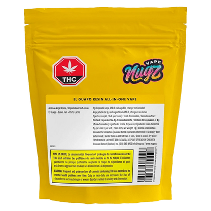 Rear view of the yellow pouch packaging labeled "El Guapo Resin AIO Vape" with THC logo and product info panel.