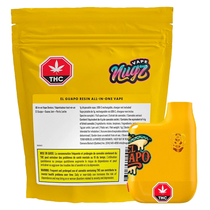 Rear view of bright yellow packaging and a matching pod in front, showing labels and THC symbols on the El Guapo Resin AIO Vape.