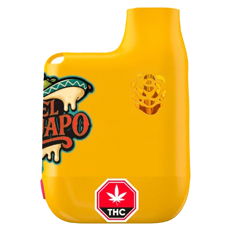 Close-up front view of the bright yellow El Guapo Resin AIO Vape with colorful decal at left and a red THC warning badge at the base.
