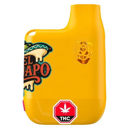 Close-up front view of the bright yellow El Guapo Resin AIO Vape with colorful decal at left and a red THC warning badge at the base.