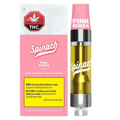 Front-facing shot of the Pink Bubba Liquid Diamonds Vape Cartridge showing the pink Spinach-branded box beside the clear-gold cartridge with a pink mouthpiece.