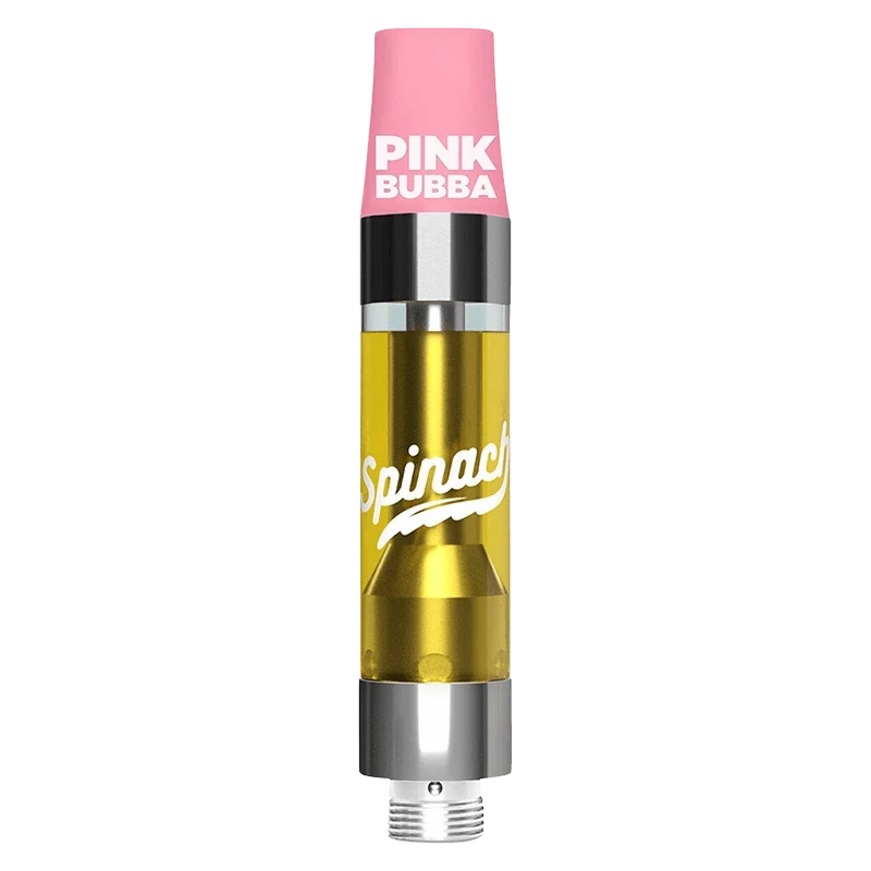 Center-frontal view of the Pink Bubba Liquid Diamonds Vape Cartridge showing a pink mouthpiece labeled "PINK BUBBA" and a clear golden oil chamber with white "Spinach" script.