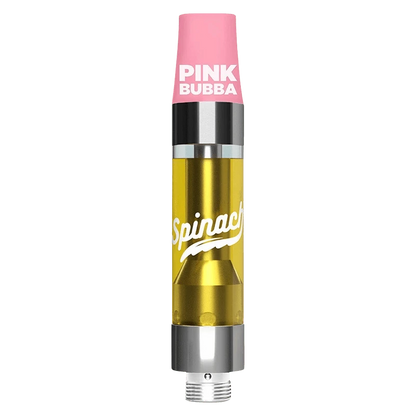 Center-frontal view of the Pink Bubba Liquid Diamonds Vape Cartridge showing a pink mouthpiece labeled "PINK BUBBA" and a clear golden oil chamber with white "Spinach" script.