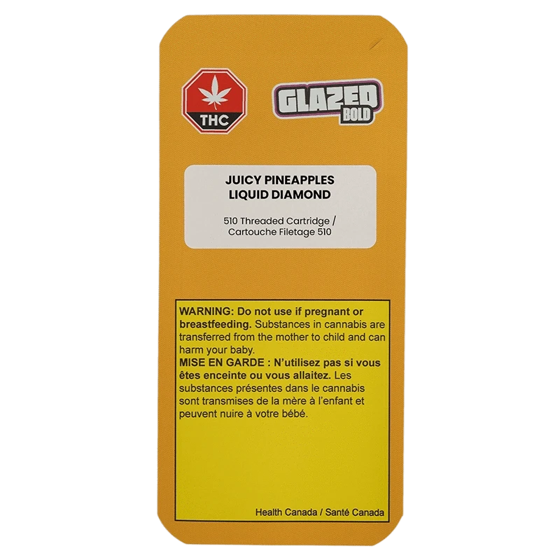 Portrait view of the mustard-yellow package labeled Juicy Pineapples Liquid Diamond Vape Cartridge with warning block and Glazed Bold logo.