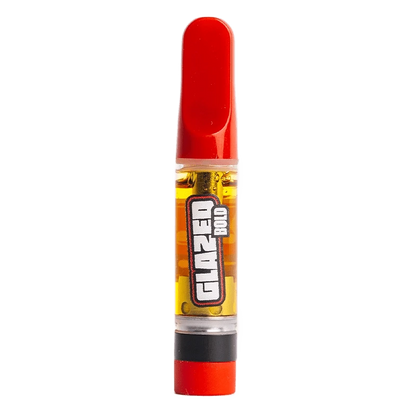 Straight-on view of the Juicy Pineapples Liquid Diamond Vape Cartridge with its red mouthpiece and amber-filled chamber centered on a white background