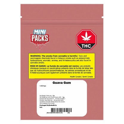 Flat front shot of the pink Mini Packs Guava Gum Disposable Vape pouch with warning labels and a red THC octagon emblem.