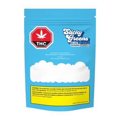 Front-facing blue pouch packaging photographed straight-on featuring the "Blue Shark Liquid Diamond Disposable Vape" logo and a THC warning badge.