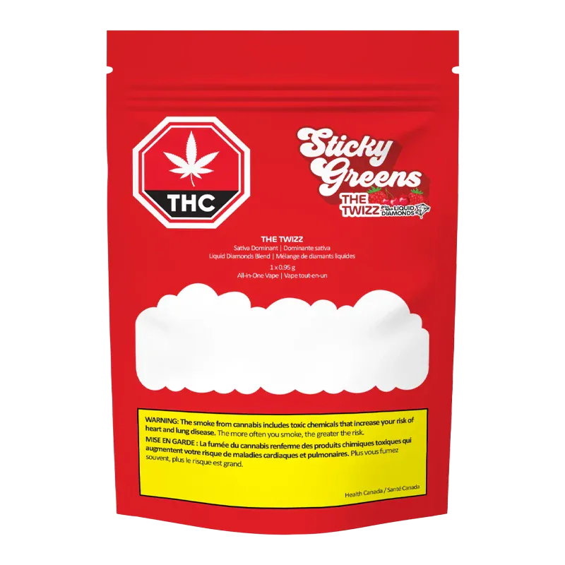 Front view of a red pouch labeled Sticky Greens with a THC symbol and The Twizz Liquid Diamond Disposable Vape branding across the top.