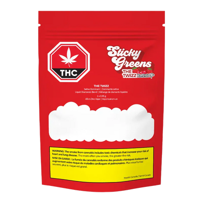 Front view of a red pouch labeled Sticky Greens with a THC symbol and The Twizz Liquid Diamond Disposable Vape branding across the top.