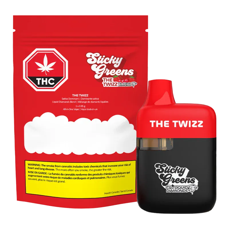 Front-facing image of The Twizz Liquid Diamond Disposable Vape in red and black sitting next to its red Sticky Greens pouch.