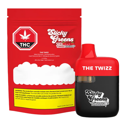 Front-facing image of The Twizz Liquid Diamond Disposable Vape in red and black sitting next to its red Sticky Greens pouch.