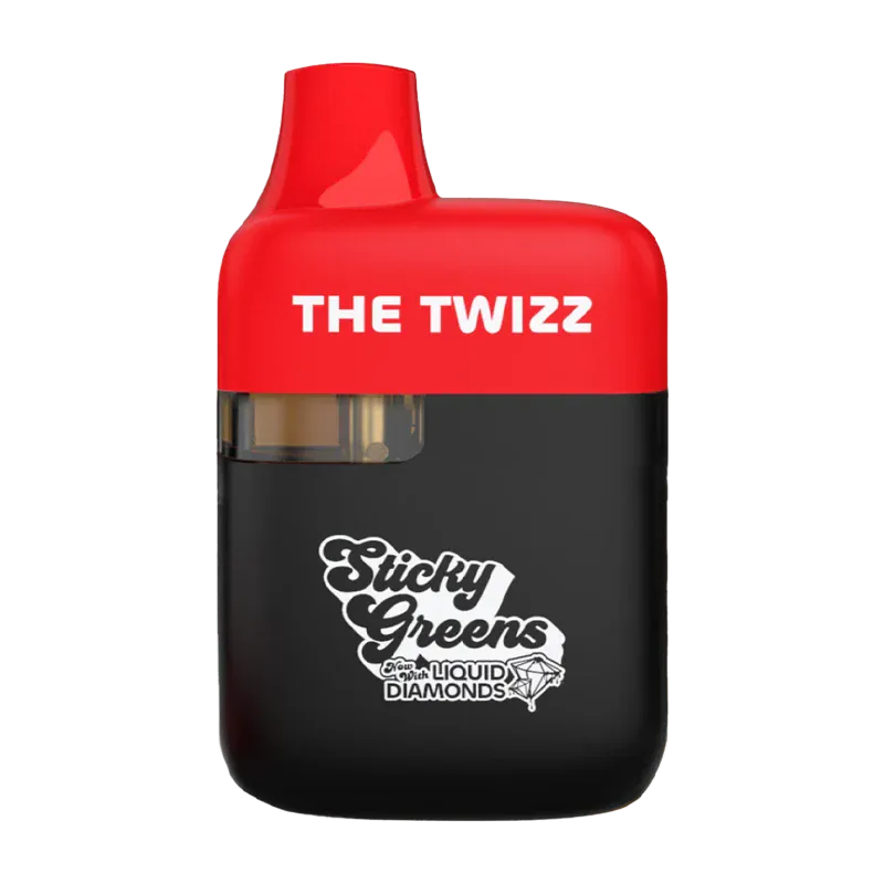 Front-facing view of The Twizz Liquid Diamond Disposable Vape with a glossy red mouthpiece top, black body, and white "Sticky Greens" logo.