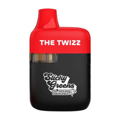 Front-facing view of The Twizz Liquid Diamond Disposable Vape with a glossy red mouthpiece top, black body, and white "Sticky Greens" logo.