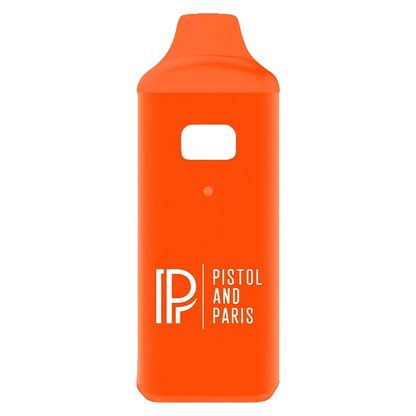 Front-facing shot of the bright orange Orange Tingz Sauce Liquid Diamond Vape Cartridge with its mouthpiece up and white Pistol and Paris logo centered near the base.
