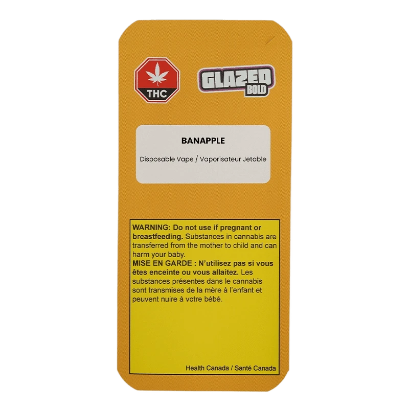 Rear view of the yellow packaging showing the Banapple Disposable Vape label and Glazed Bold logo with health warnings.
