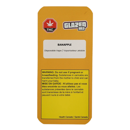 Rear view of the yellow packaging showing the Banapple Disposable Vape label and Glazed Bold logo with health warnings.