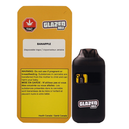 Front-facing shot of a black Banapple Disposable Vape beside its yellow Glazed Bold branded box, both shown on a plain background.