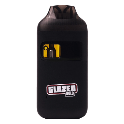 Front-facing studio shot of a black Banapple Disposable Vape showing its rounded mouthpiece, rectangular juice window with amber liquid, and "Glazed Bold" logo.