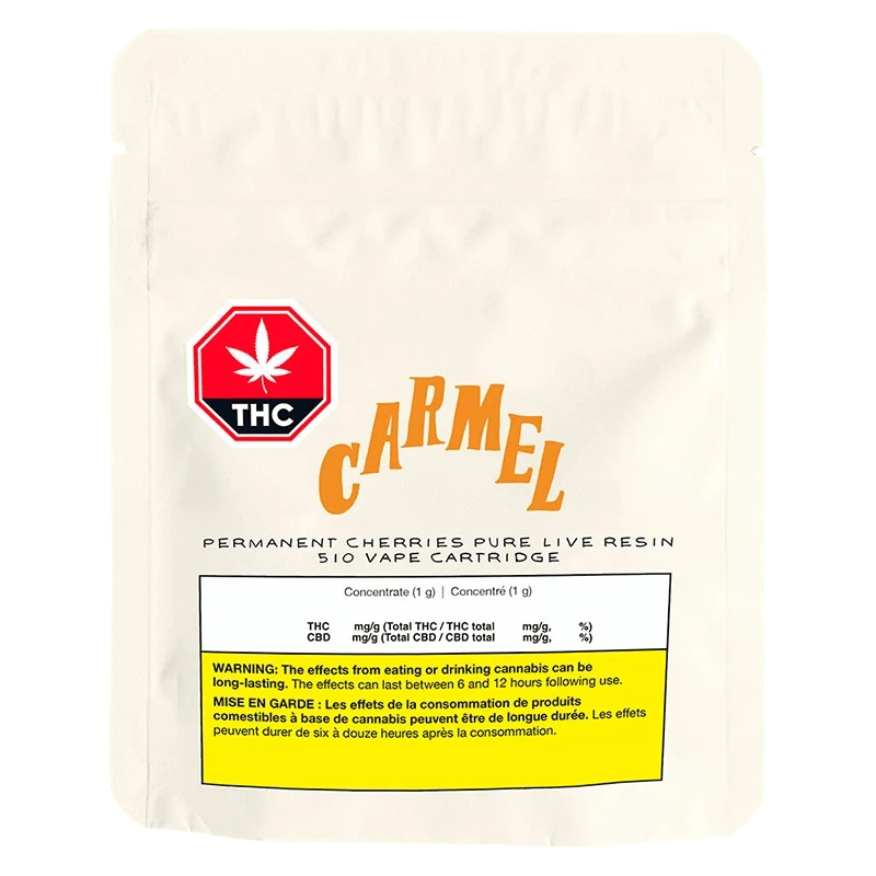 Centered front view of a white pouch labeled "Permanent Cherreis Pure Live Resin Vape Cartridge" with a red THC stop-sign icon and orange "Carmel" logo.
