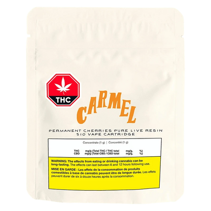 Centered front view of a white pouch labeled "Permanent Cherreis Pure Live Resin Vape Cartridge" with a red THC stop-sign icon and orange "Carmel" logo.