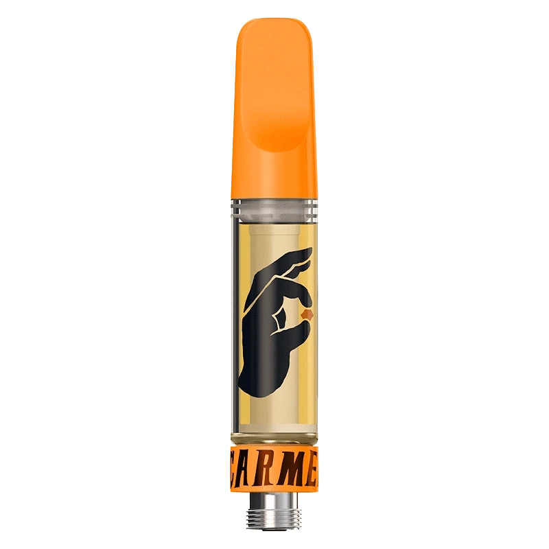 Center-frontal view of a gold-filled vape cartridge labeled "Permanent Cherreis Pure Live Resin Vape Cartridge" with an orange mouthpiece and black hand graphic.