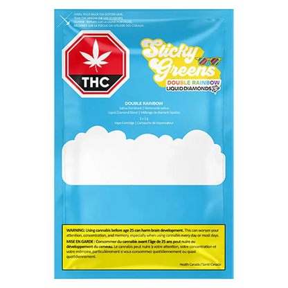 Flat front view of the Double Rainbow Liquid Diamond Vape Cartridge pouch showing a bright blue background, cloud graphic, and THC stop sign.