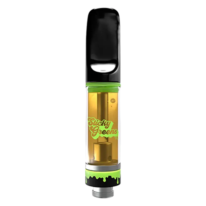 Straight-on view of a Double Rainbow Liquid Diamond Vape Cartridge showing amber oil in a clear tank with green "Sticky Greens" branding and black mouthpiece