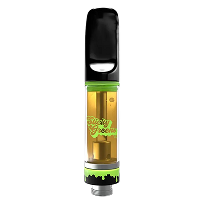 Straight-on view of a Double Rainbow Liquid Diamond Vape Cartridge showing amber oil in a clear tank with green "Sticky Greens" branding and black mouthpiece