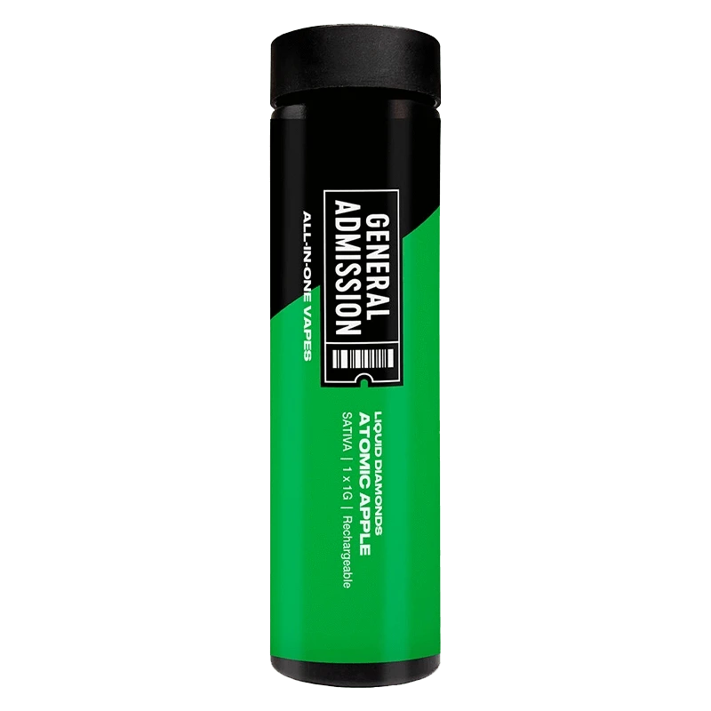 Tall vertical product shot of an Atomic Apple Liquid Diamond Disposable Vape with a black cap and vibrant green body labeled "General Admission."