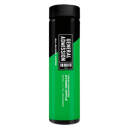 Tall vertical product shot of an Atomic Apple Liquid Diamond Disposable Vape with a black cap and vibrant green body labeled "General Admission."