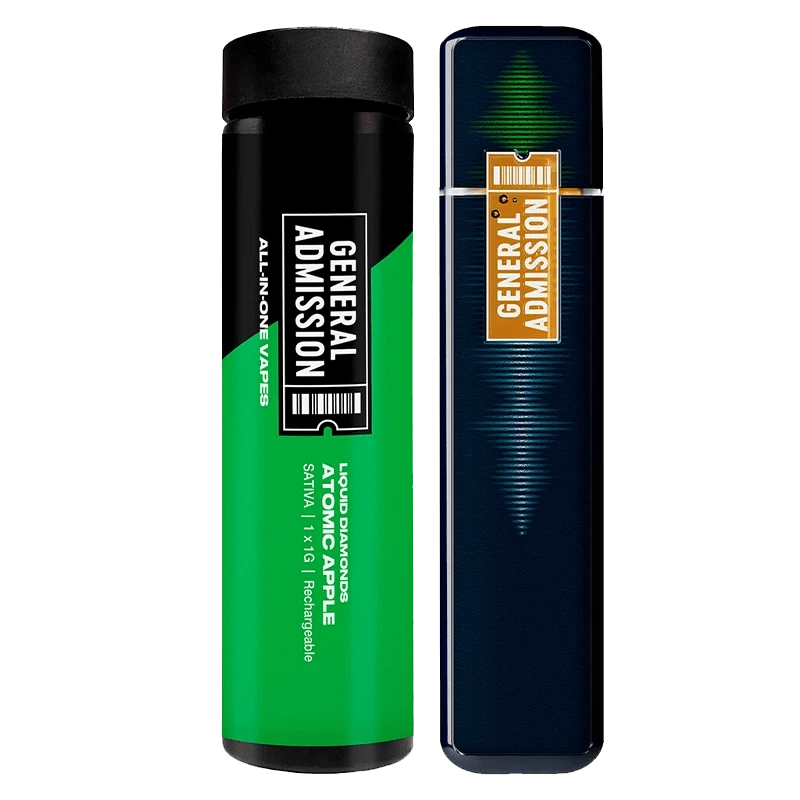 Side-by-side front view of a bright green canister and a dark blue device, the Atomic Apple Liquid Diamond Disposable Vape shown with its green cylindrical tube labeled "GENERAL ADMISSION."