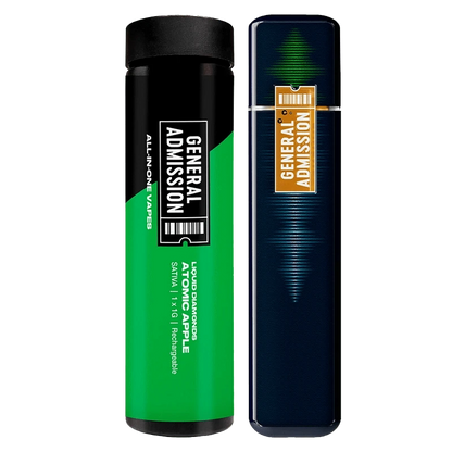 Side-by-side front view of a bright green canister and a dark blue device, the Atomic Apple Liquid Diamond Disposable Vape shown with its green cylindrical tube labeled "GENERAL ADMISSION."