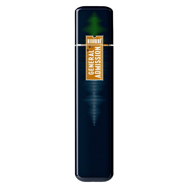 Top-down view of the Atomic Apple Liquid Diamond Disposable Vape showing a dark blue body with a centered gold "GENERAL ADMISSION" ticket graphic.