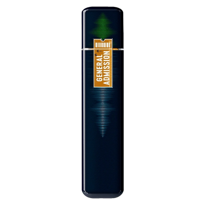 Top-down view of the Atomic Apple Liquid Diamond Disposable Vape showing a dark blue body with a centered gold "GENERAL ADMISSION" ticket graphic.