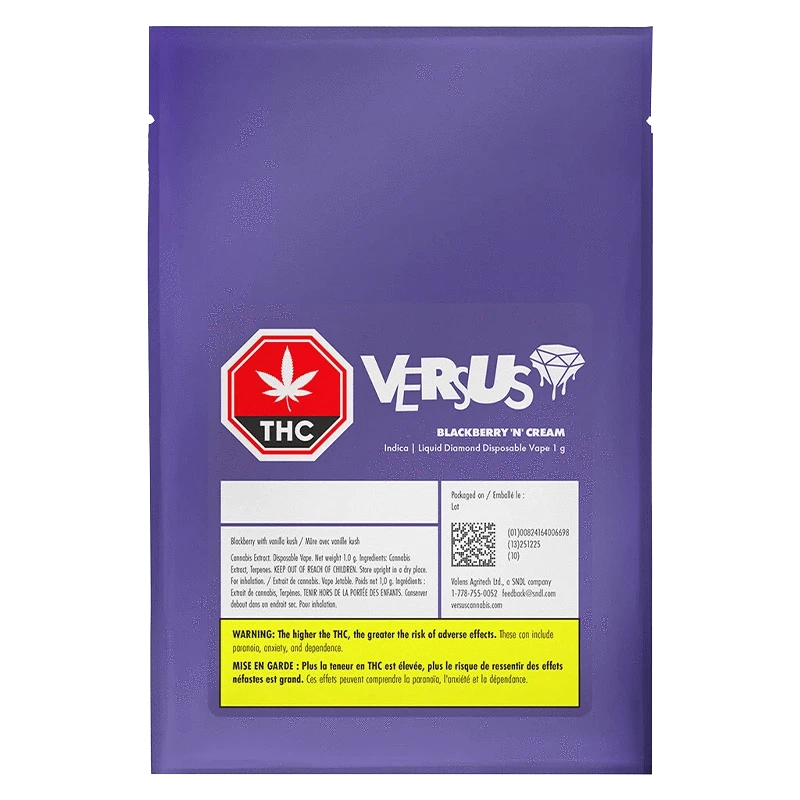 Front-facing shot of the purple packaging for the Versus Blackberry 'n' Cream Liquid Diamond Disposable Vape with THC warning labels and QR code at the bottom